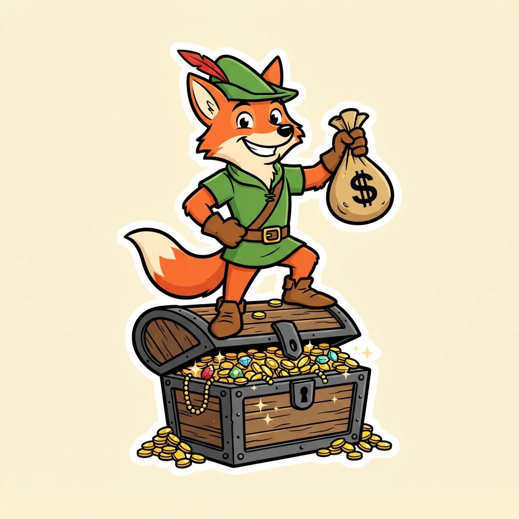 Robin Hood the Fox standing victorious on a treasure chest